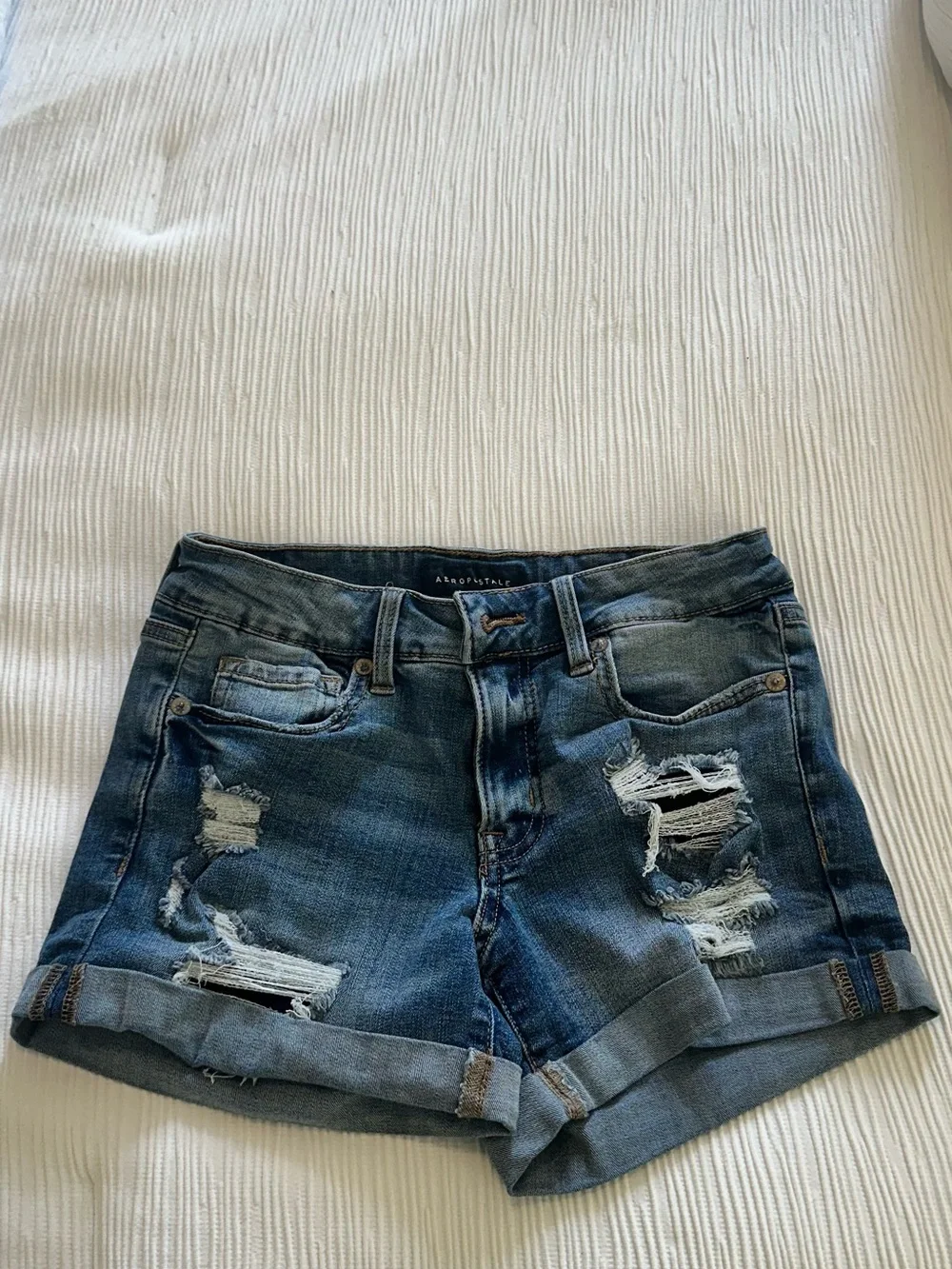 Aeropostale Ripped Mid-Blue Rolled Hem Denim Shorts